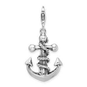 925 Sterling Silver 3-D Antiqued Anchor & Rope Bracelet Charm Lobster Clasp
